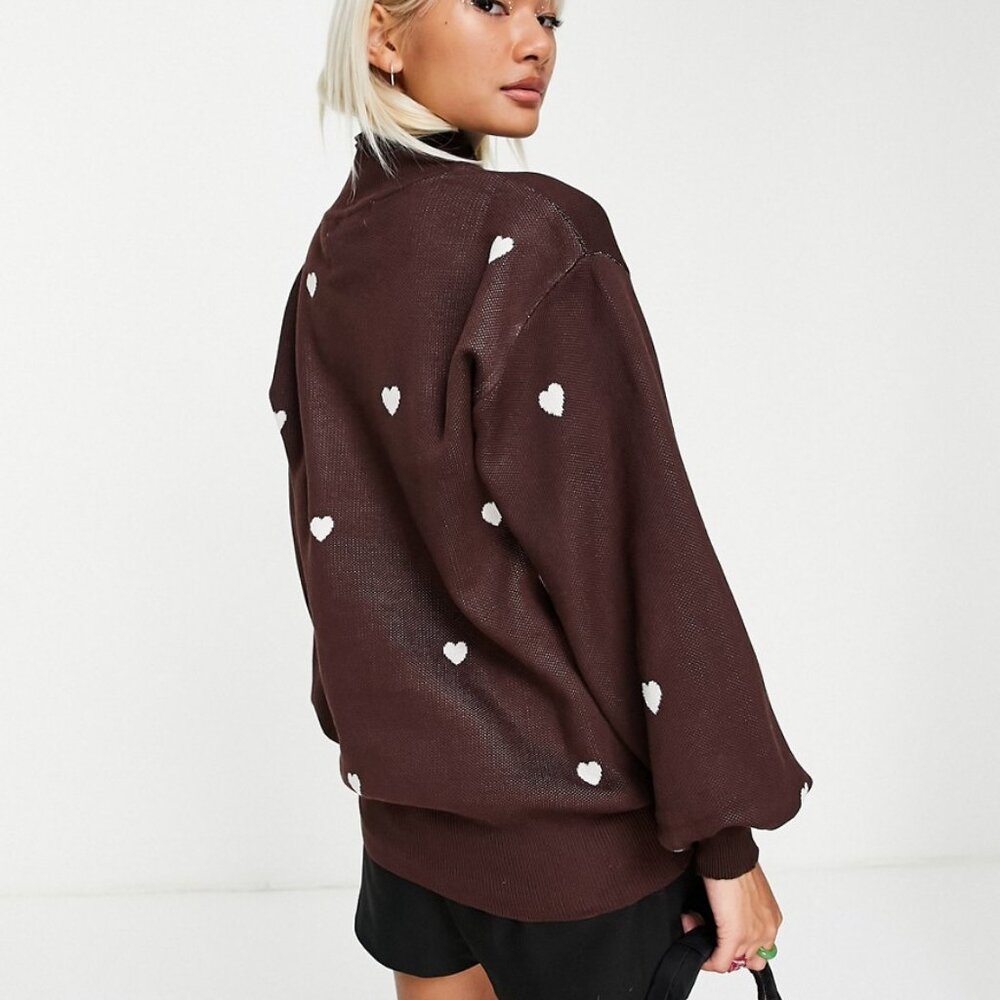 ASOS Chic Chocolate Brown Heart Pattern Mock Neck Sweater w/ Balloon Sleeves